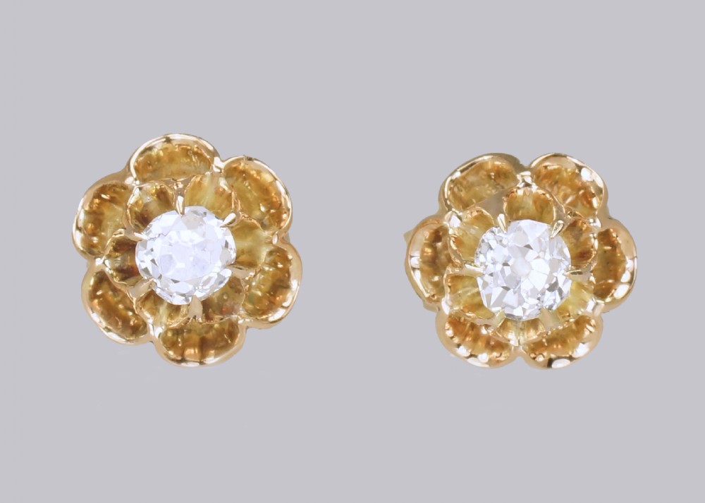 Victorian 0.45 Ct Old Mine Cut Diamond 18ct Gold Floral Stud Antique Earrings 
