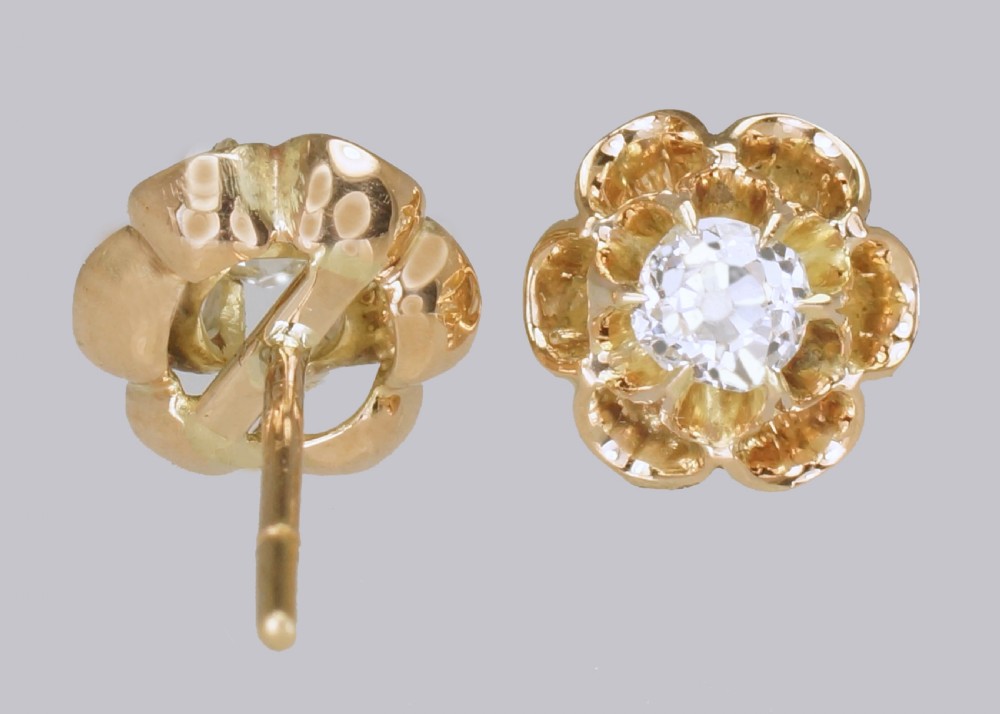 Victorian 0.45 Ct Old Mine Cut Diamond 18ct Gold Floral Stud Antique Earrings  View II