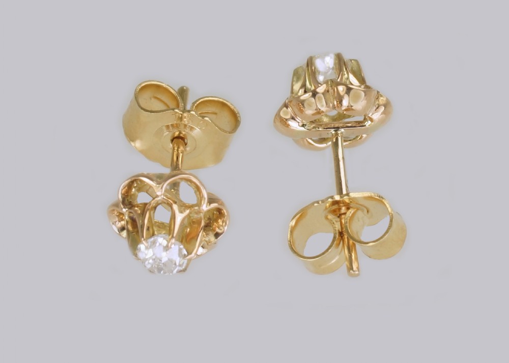 Victorian 0.45 Ct Old Mine Cut Diamond 18ct Gold Floral Stud Antique Earrings  View IV