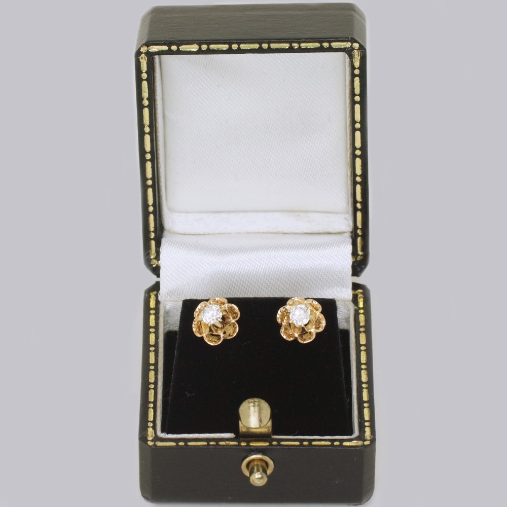 Victorian 0.45 Ct Old Mine Cut Diamond 18ct Gold Floral Stud Antique Earrings  View V