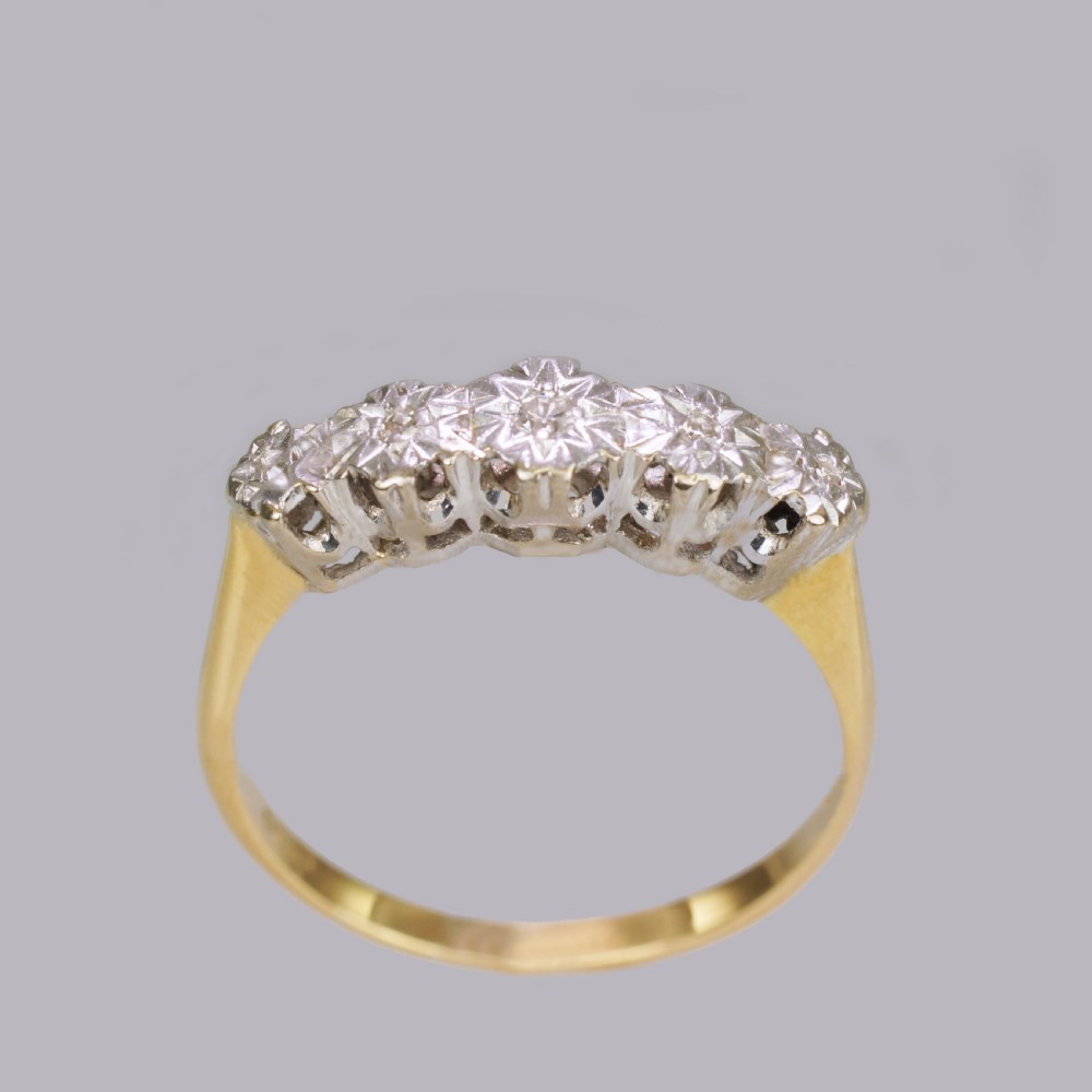 Art Deco Swiss Cut Diamond 18ct Gold & Platinum Five Stone Vintage 1920's Ring View II