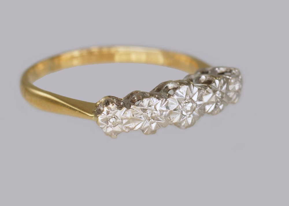 Art Deco Swiss Cut Diamond 18ct Gold & Platinum Five Stone Vintage 1920's Ring View III