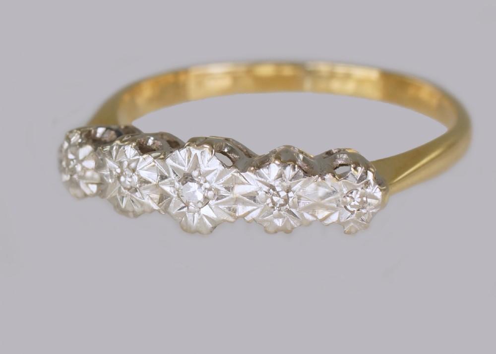 Art Deco Swiss Cut Diamond 18ct Gold & Platinum Five Stone Vintage 1920's Ring View IV