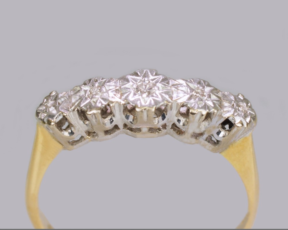 Art Deco Swiss Cut Diamond 18ct Gold & Platinum Five Stone Vintage 1920's Ring View IX