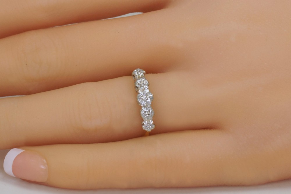 Art Deco Swiss Cut Diamond 18ct Gold & Platinum Five Stone Vintage 1920's Ring View X