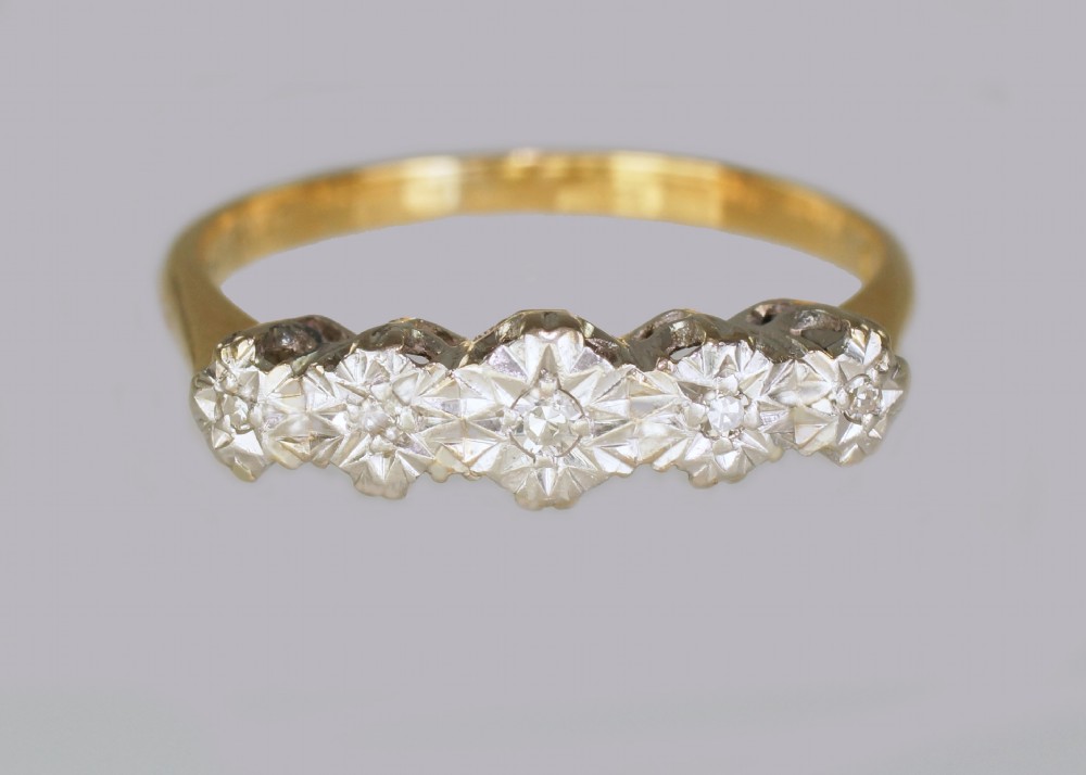 Art Deco Swiss Cut Diamond 18ct Gold & Platinum Five Stone Vintage 1920's Ring