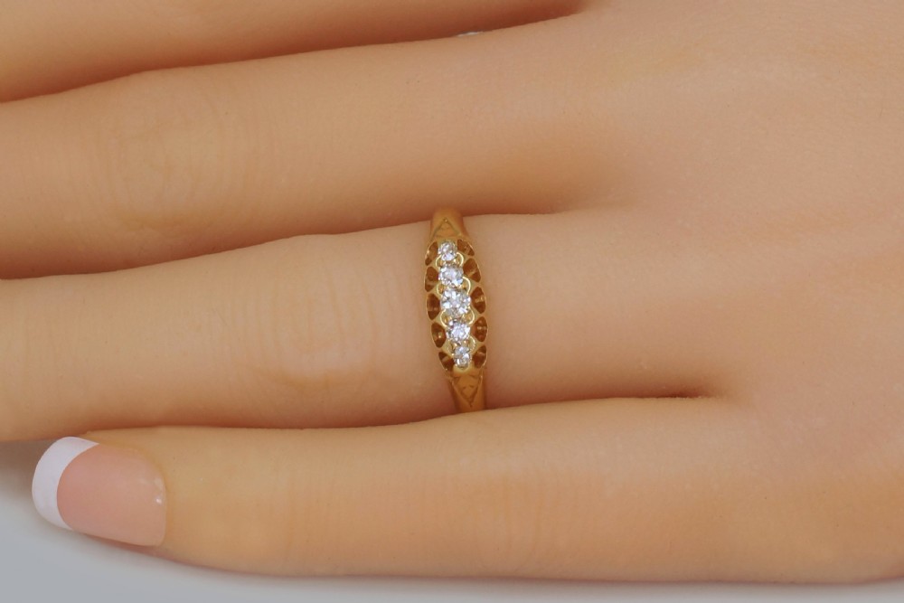 Victorian 18ct Gold 0.30ct Old Cut Diamond 5 Stone Antique Ring Birmingham 1892 View X