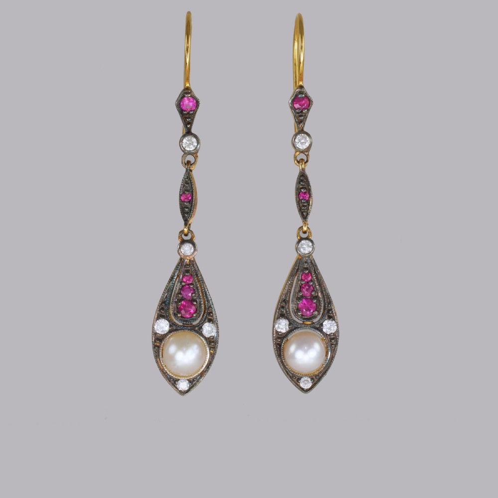 Vintage Pearl, Diamond & Ruby Dangle 18ct Gold Edwardian Style 2