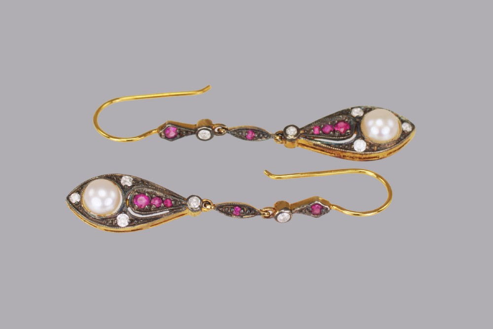 Vintage Pearl, Diamond & Ruby Dangle 18ct Gold Edwardian Style 2