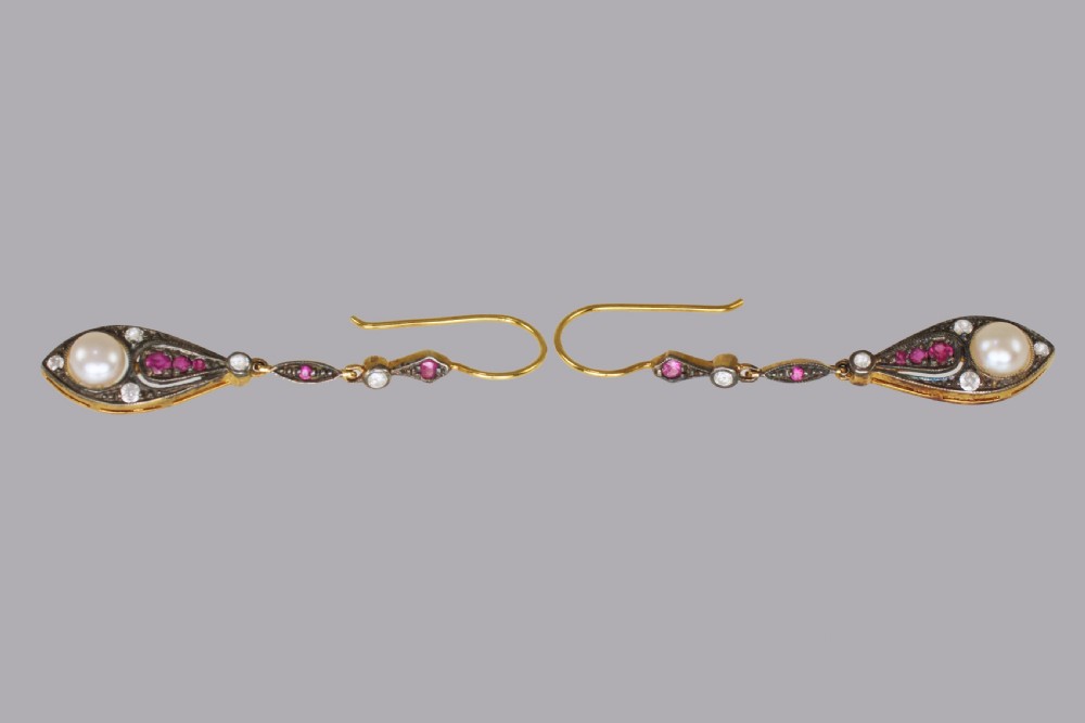 Vintage Pearl, Diamond & Ruby Dangle 18ct Gold Edwardian Style 2