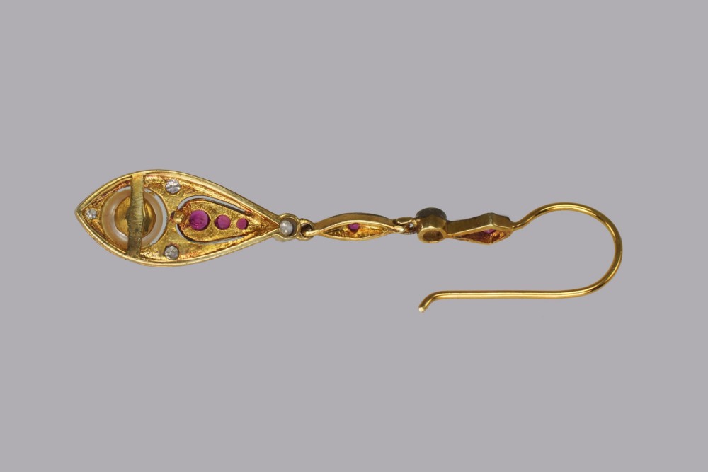 Vintage Pearl, Diamond & Ruby Dangle 18ct Gold Edwardian Style 2
