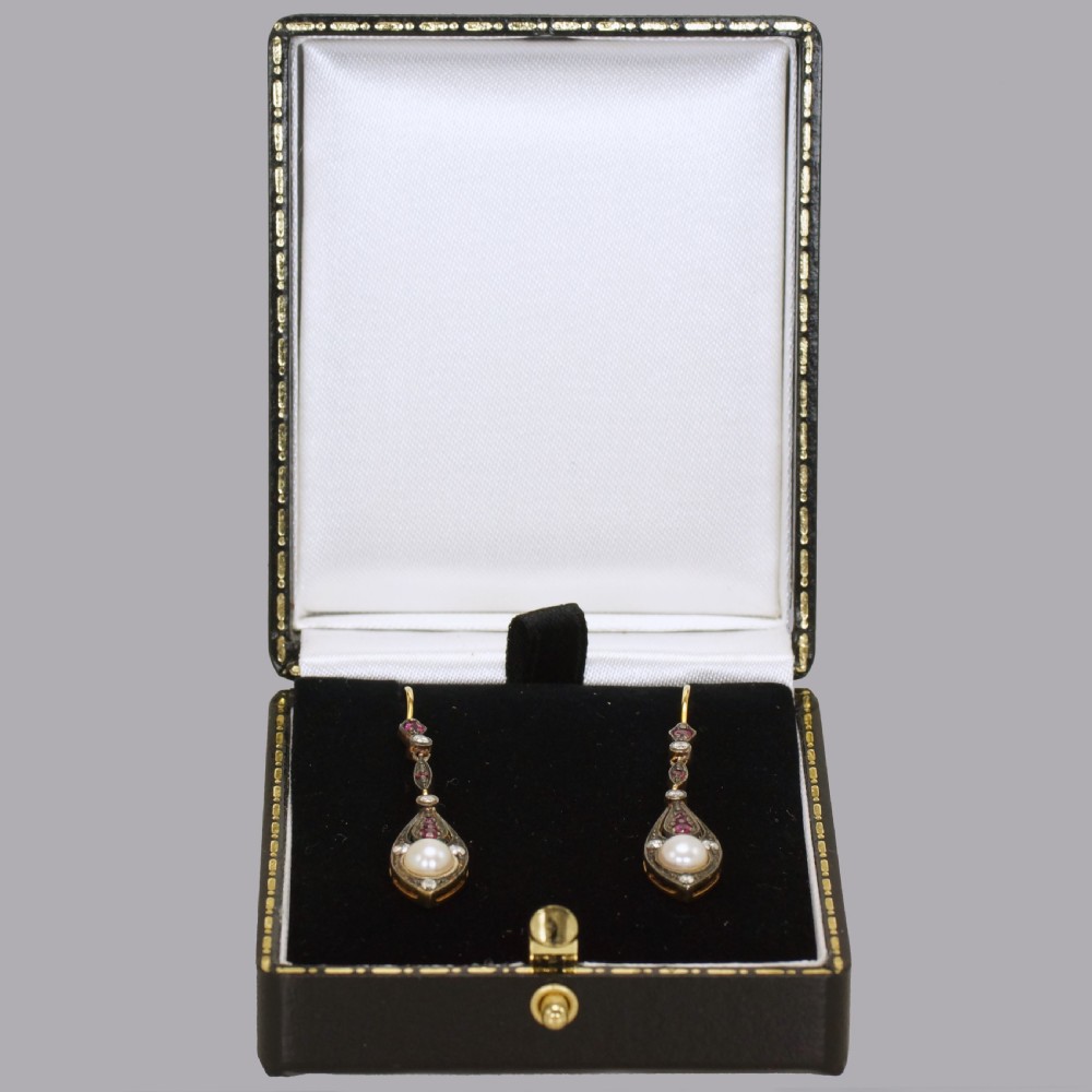 Vintage Pearl, Diamond & Ruby Dangle 18ct Gold Edwardian Style 2