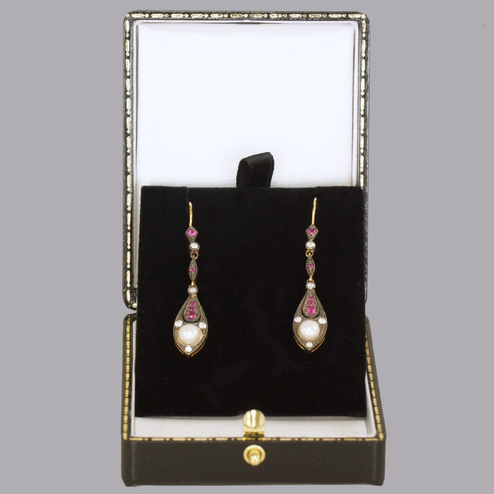 Vintage Pearl, Diamond & Ruby Dangle 18ct Gold Edwardian Style 2