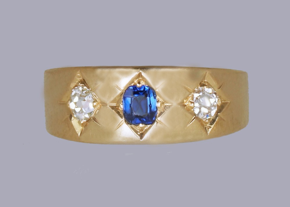 Antique 18ct Gold Sapphire & Old Mine Cut Diamond Trilogy Gypsy Ring Circa 1900