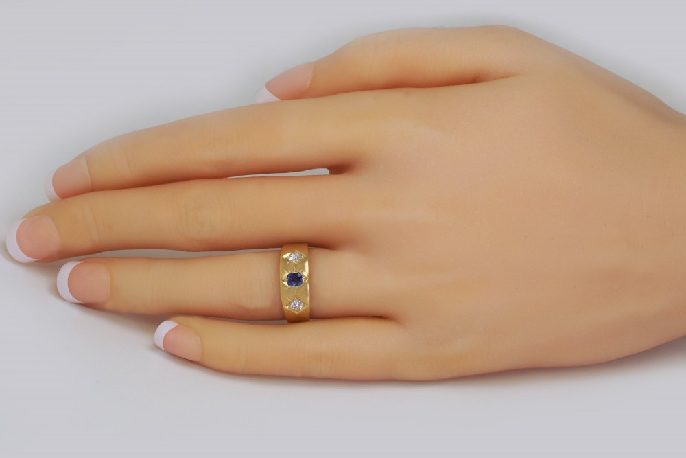 Antique 18ct Gold Sapphire & Old Mine Cut Diamond Trilogy Gypsy Ring Circa 1900 View VII
