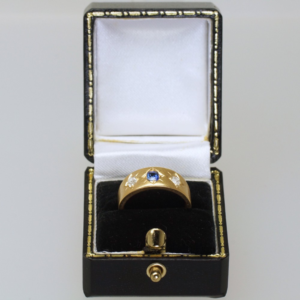 Antique 18ct Gold Sapphire & Old Mine Cut Diamond Trilogy Gypsy Ring Circa 1900 View XI