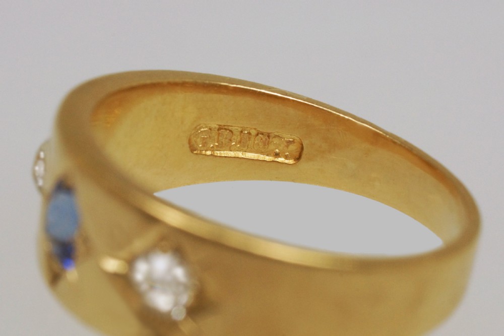 Antique 18ct Gold Sapphire & Old Mine Cut Diamond Trilogy Gypsy Ring Circa 1900 View XII