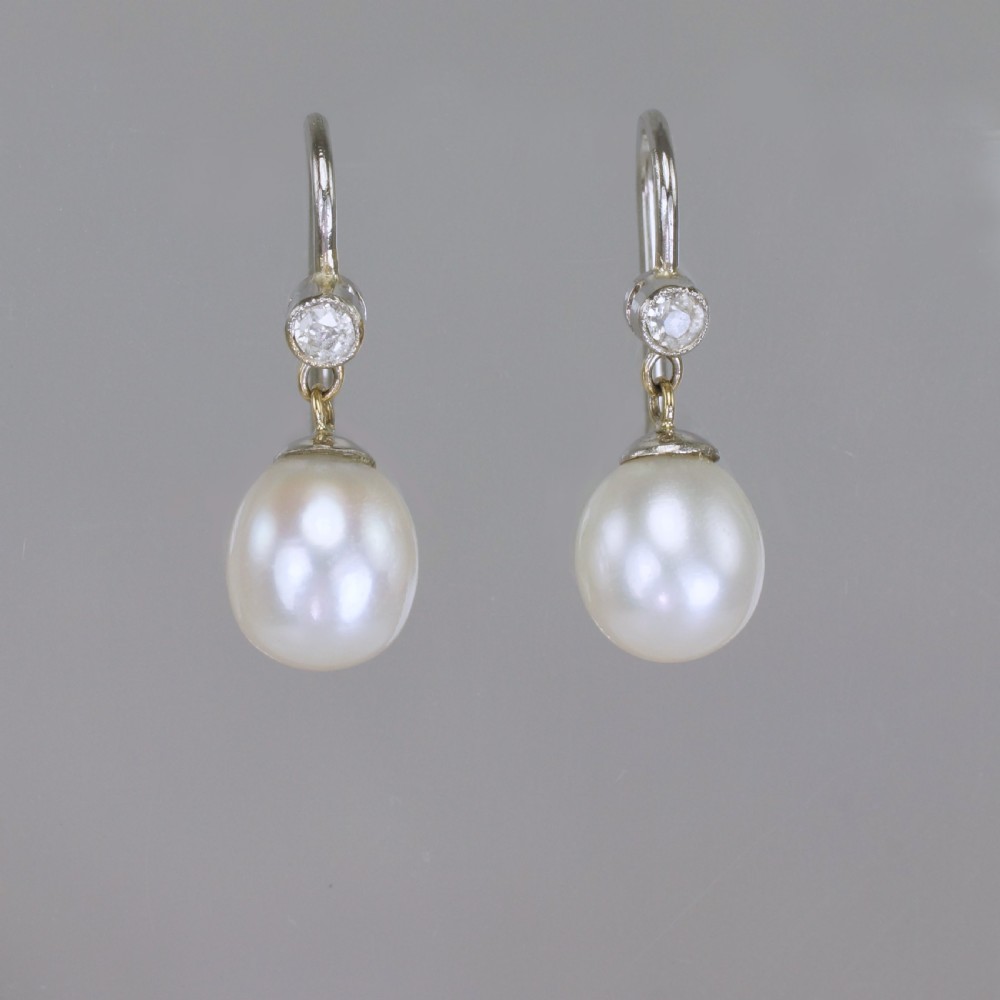 Vintage Pearl & Swiss Cut Diamond Drop 18ct Gold Art Deco Dangle Earrings Ca1930