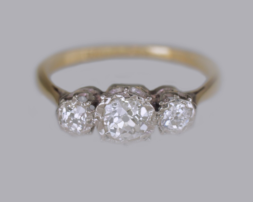 Antique 1.00ct Old European Cut Diamond 18ct Gold Vintage Edwardian Trilogy Ring View VII