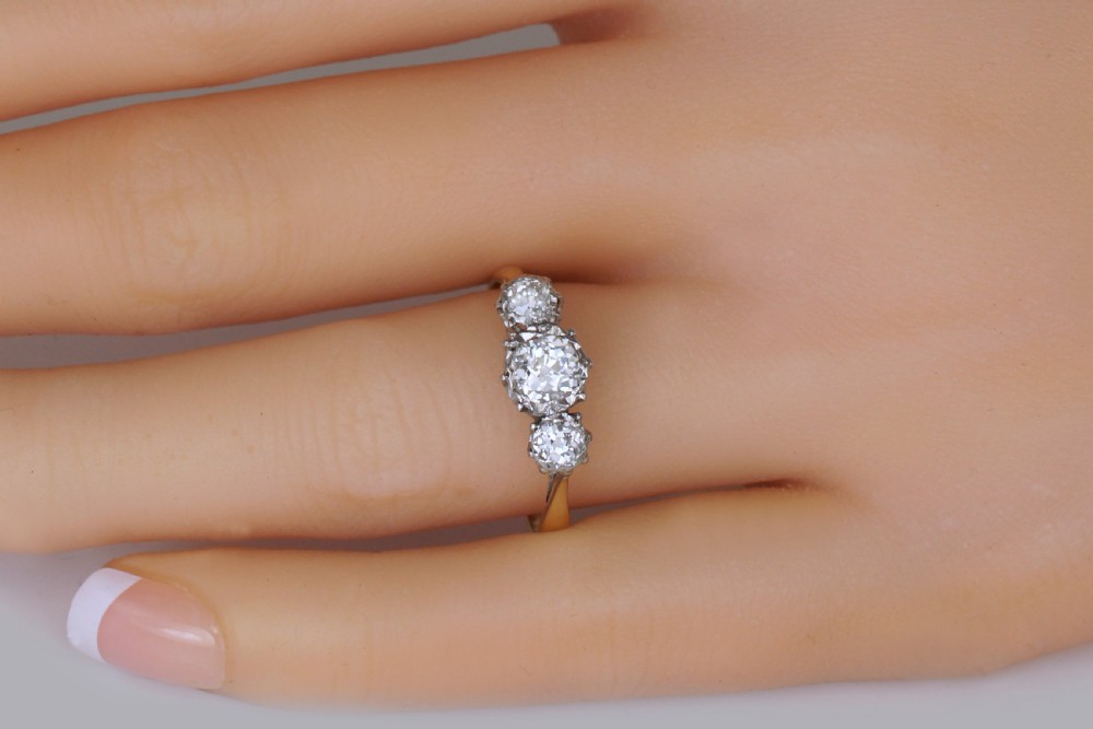 Antique 1.00ct Old European Cut Diamond 18ct Gold Vintage Edwardian Trilogy Ring View VIII