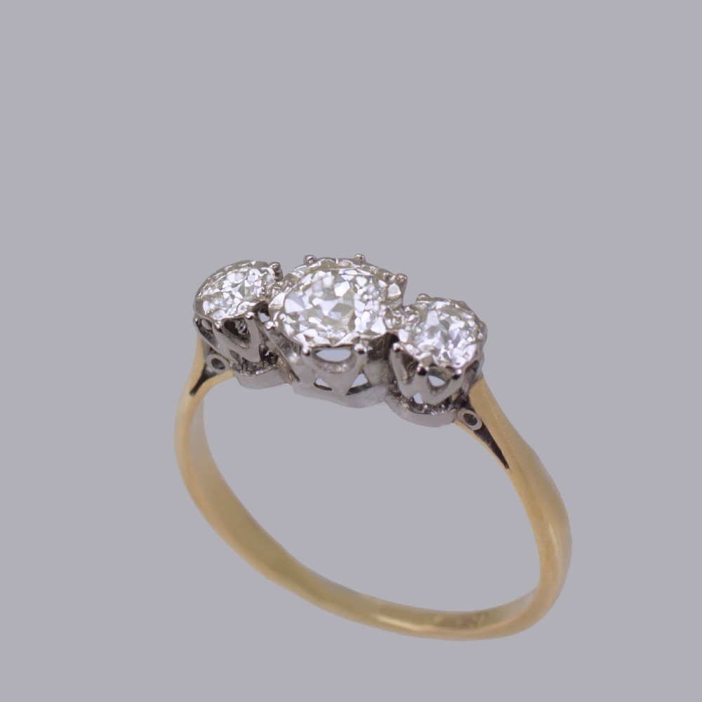 Antique 1.00ct Old European Cut Diamond 18ct Gold Vintage Edwardian Trilogy Ring View IX