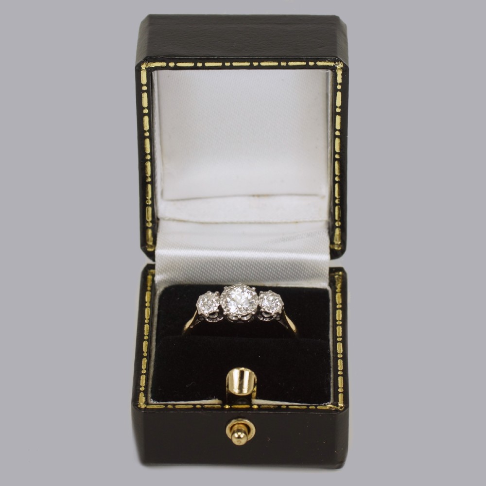 Antique 1.00ct Old European Cut Diamond 18ct Gold Vintage Edwardian Trilogy Ring View X