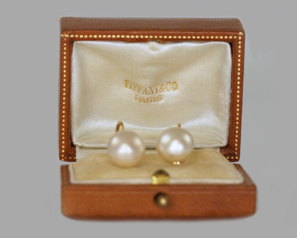 Vintage 18ct Gold Pearl Earrings With Tiffany & Co.Antique Leather Box circa 1950 View II