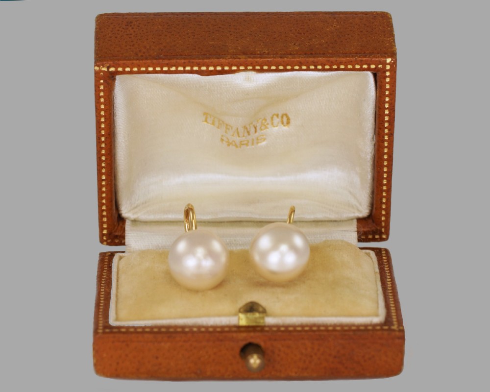 Vintage 18ct Gold Pearl Earrings With Tiffany & Co.Antique Leather Box circa 1950 View V