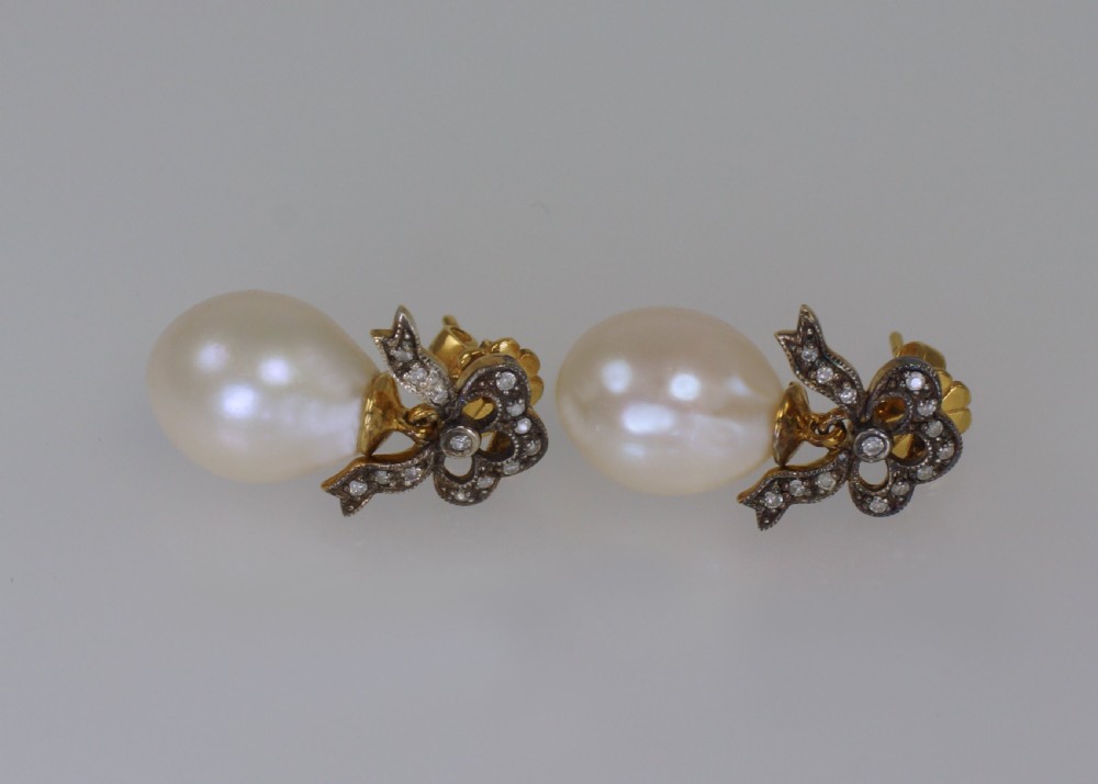 Antique Pearl & Old Cut Diamond Dangle Drop Gold & Silver Victorian Bow Earrings View II