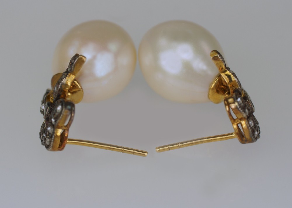 Antique Pearl & Old Cut Diamond Dangle Drop Gold & Silver Victorian Bow Earrings View III