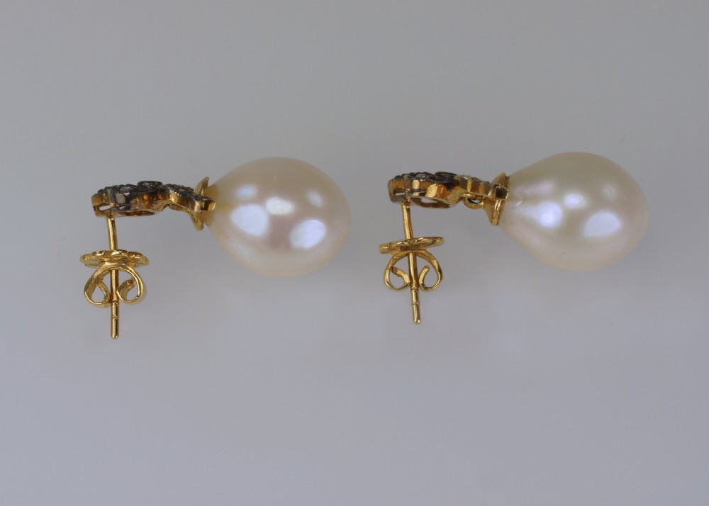 Antique Pearl & Old Cut Diamond Dangle Drop Gold & Silver Victorian Bow Earrings View IV