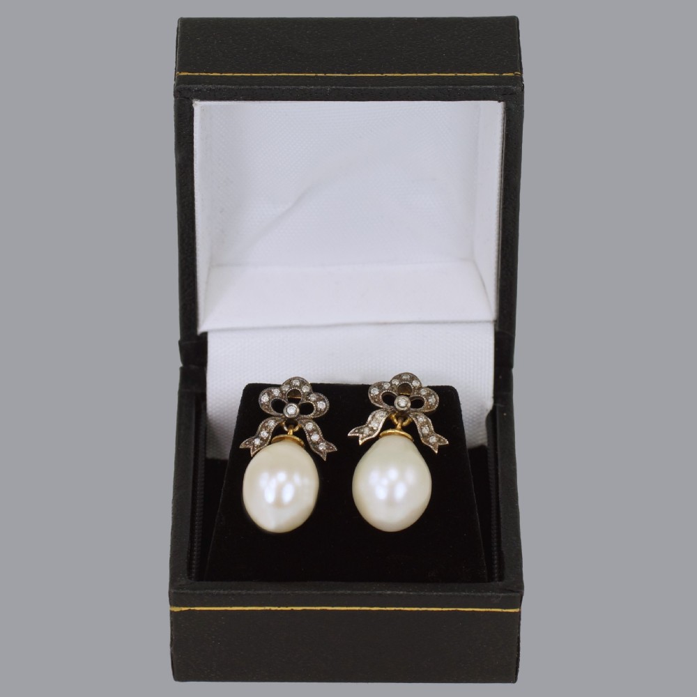 Antique Pearl & Old Cut Diamond Dangle Drop Gold & Silver Victorian Bow Earrings View V