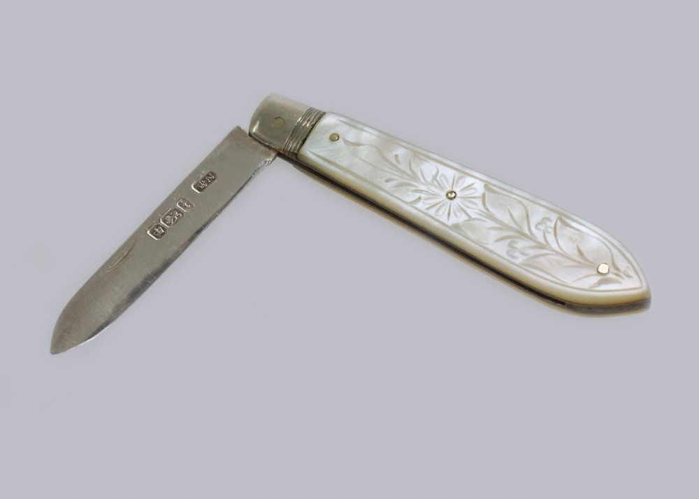 Antique Fruit Knife Silver Blade Ornate Mother of Pearl Handle William Needham Victorian Folding Pen Knife
