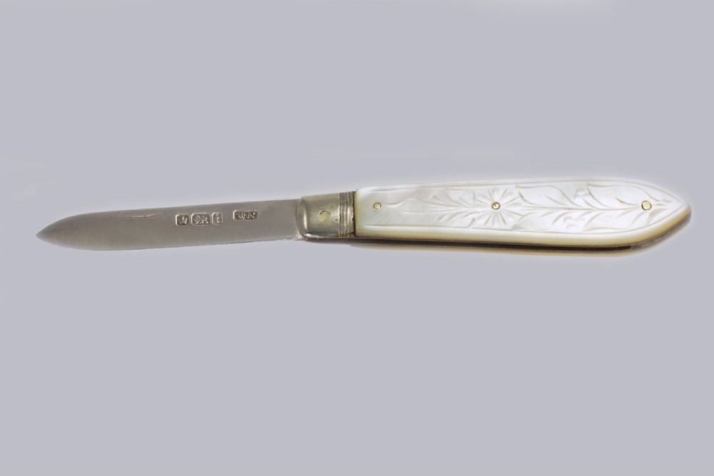 Antique Fruit Knife Silver Blade Ornate Mother of Pearl Handle William Needham Victorian Folding Pen Knife
 View IV