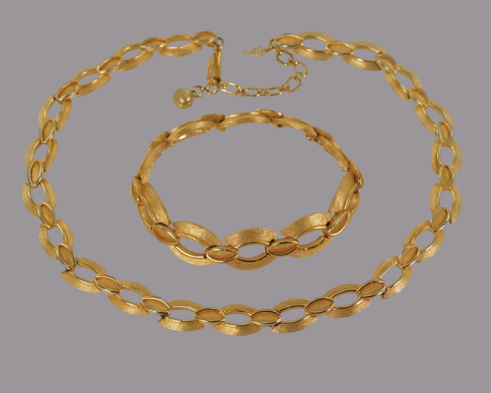 Vintage Trifari Link Chain Necklace & Bracelet Set 1960's Signed Crown & T Charm 