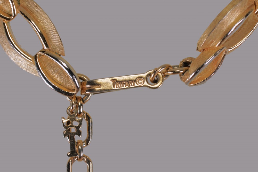 Vintage Trifari Link Chain Necklace & Bracelet Set 1960's Signed Crown & T Charm  View VI