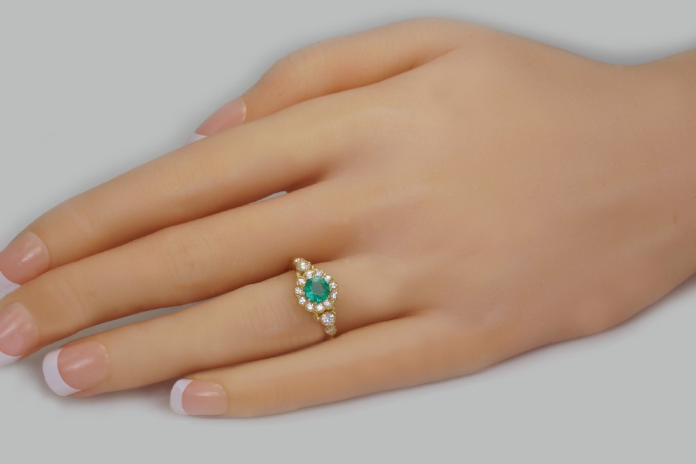 Victorian Emerald & Old Cut Diamond 18ct Gold Antique Cluster Ring circa 1890  View II