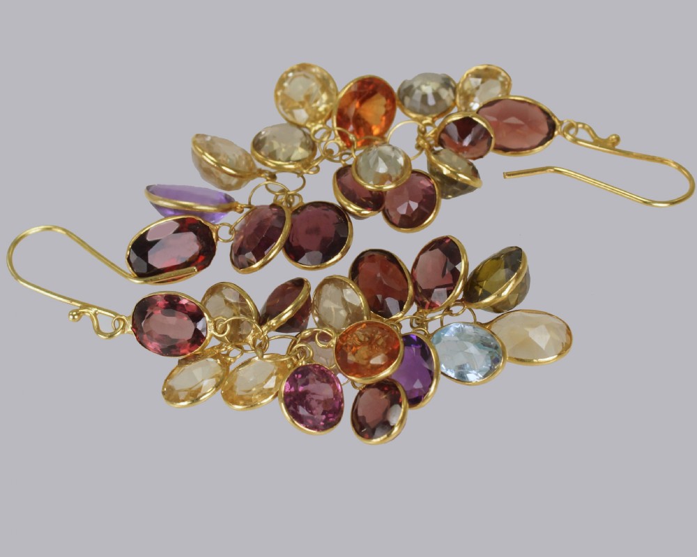 Vintage Multi Gem Chandelier Earrings 18ct Gold 1960's Tutti Fruity 2