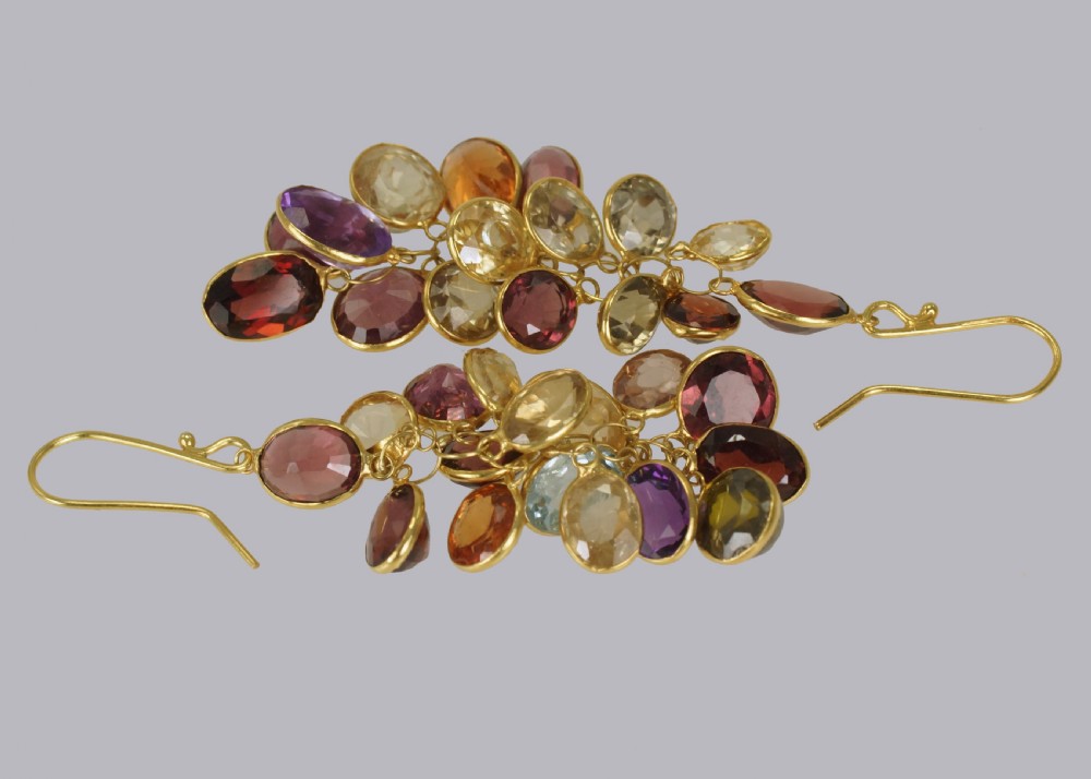 Vintage Multi Gem Chandelier Earrings 18ct Gold 1960's Tutti Fruity 2