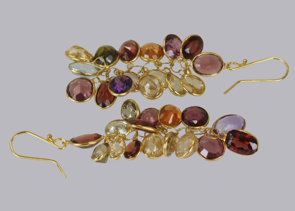 Vintage Multi Gem Chandelier Earrings 18ct Gold 1960's Tutti Fruity 2