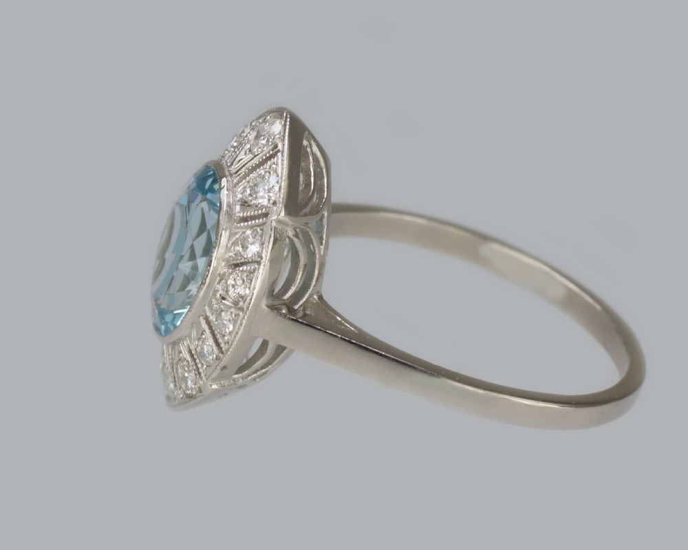 Art Deco Aquamarine & Diamond Platinum Ring Authentic 1920's Antique Dress Ring View VIII