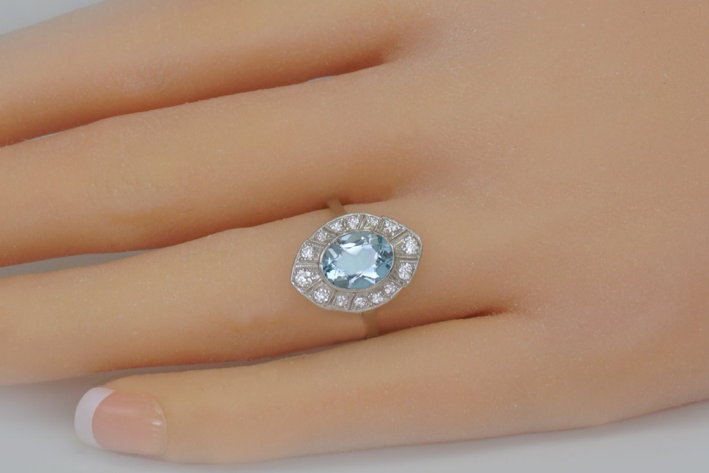Art Deco Aquamarine & Diamond Platinum Ring Authentic 1920's Antique Dress Ring View XIV