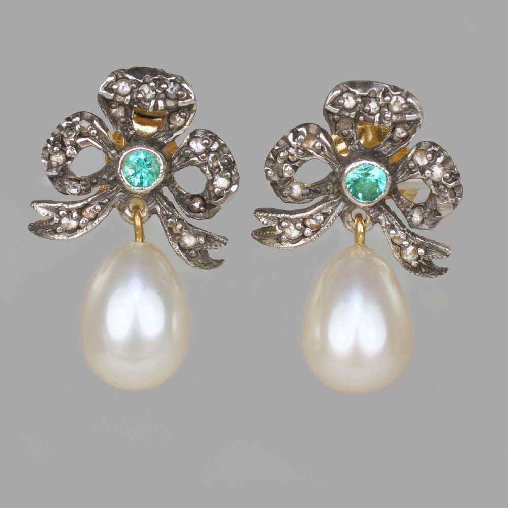 Vintage Pearl Rose Cut Diamond & Emerald Dangle Earrings 18ct Gold Bow 1