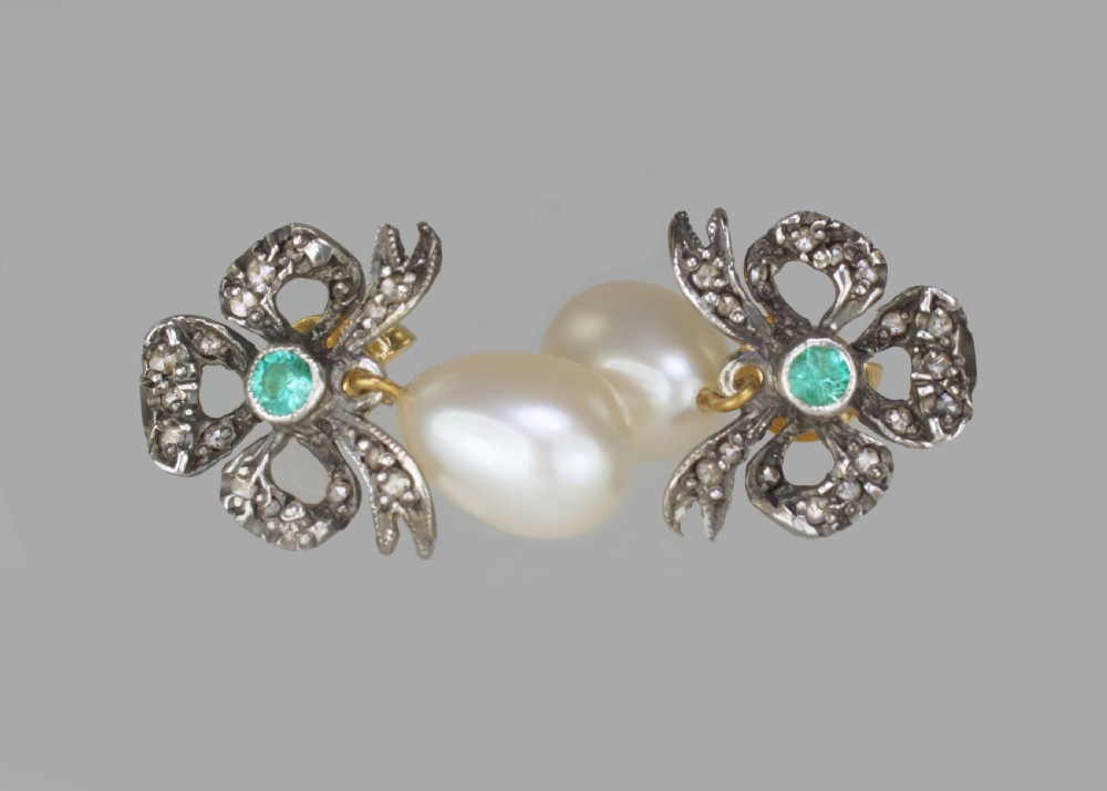 Vintage Pearl Rose Cut Diamond & Emerald Dangle Earrings 18ct Gold Bow 1