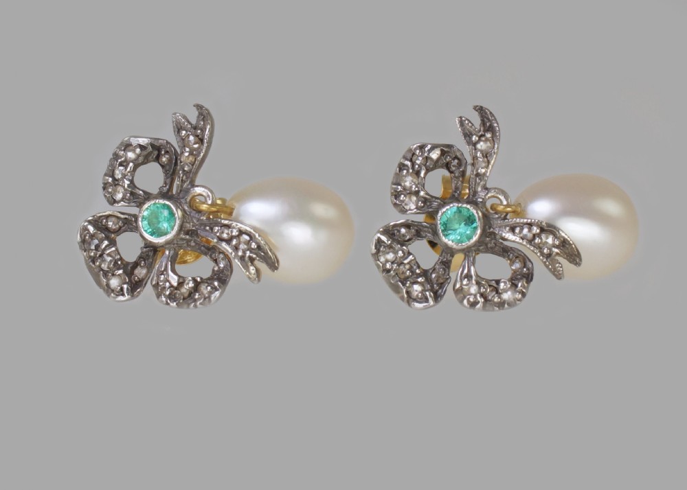 Vintage Pearl Rose Cut Diamond & Emerald Dangle Earrings 18ct Gold Bow 1