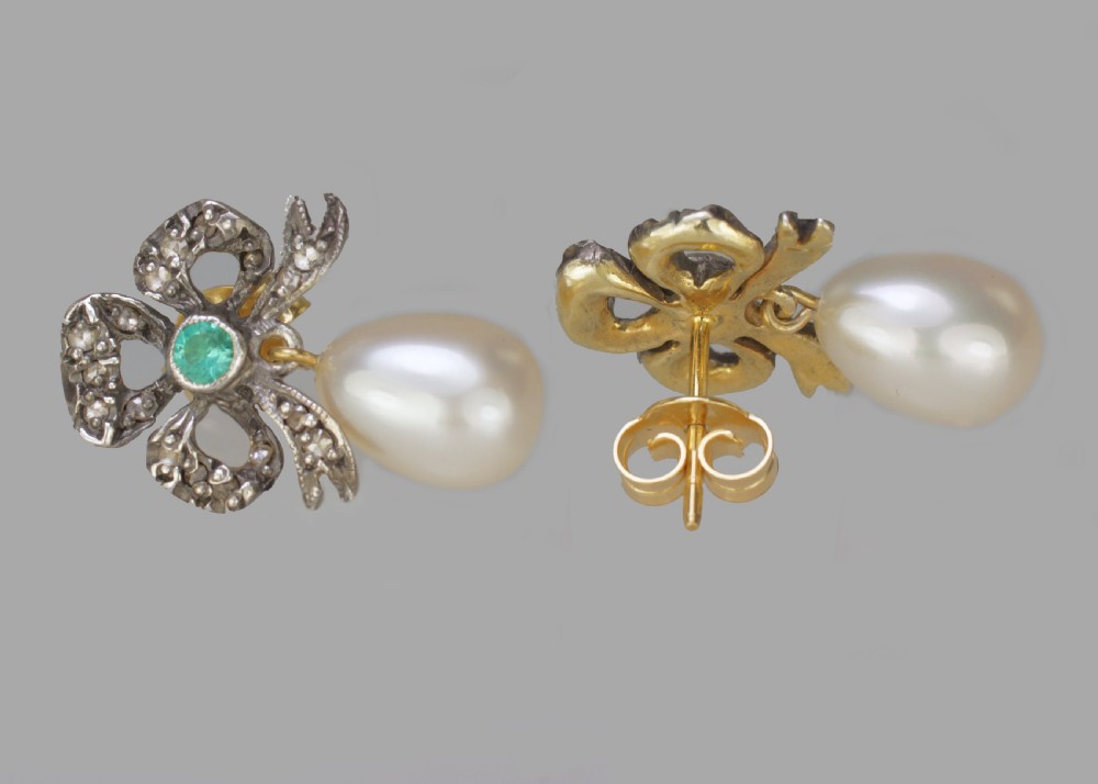 Vintage Pearl Rose Cut Diamond & Emerald Dangle Earrings 18ct Gold Bow 1
