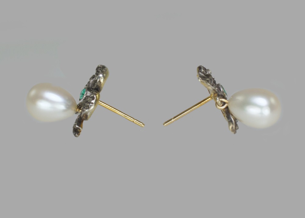 Vintage Pearl Rose Cut Diamond & Emerald Dangle Earrings 18ct Gold Bow 1