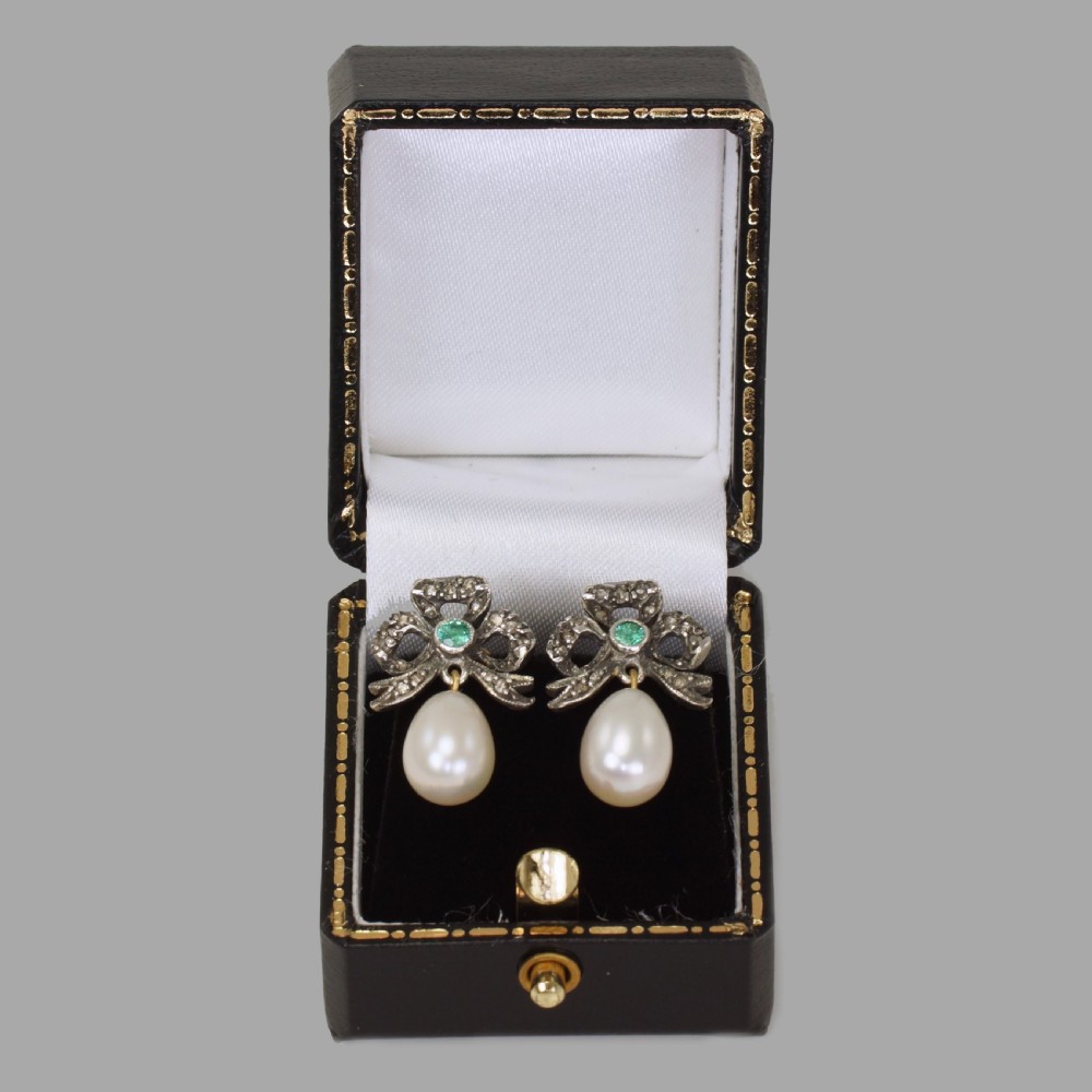 Vintage Pearl Rose Cut Diamond & Emerald Dangle Earrings 18ct Gold Bow 1