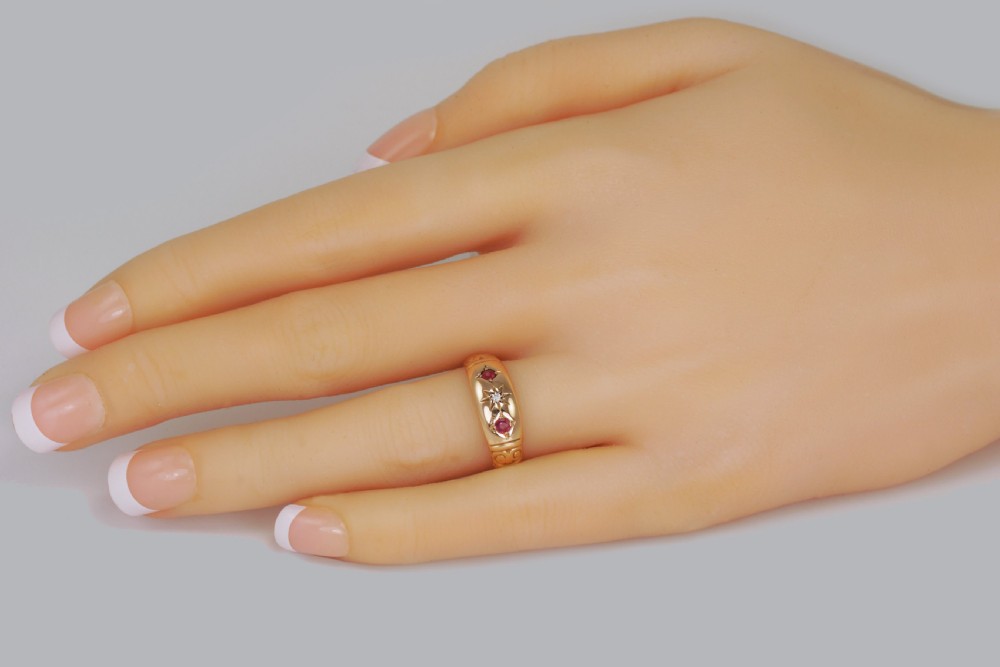 Antique 15ct Gold Ruby & Diamond Gypsy Ring Victorian Trilogy Ring Circa 1890 View III