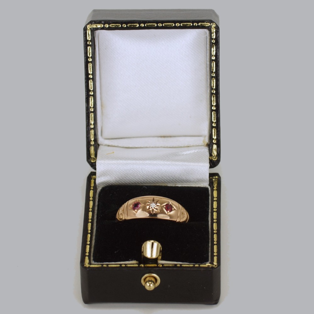Antique 15ct Gold Ruby & Diamond Gypsy Ring Victorian Trilogy Ring Circa 1890 View VI